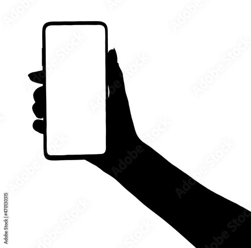 illustration of a silhouette of a hand holding the smartphone with blank screen isolated white background.  hands using phone