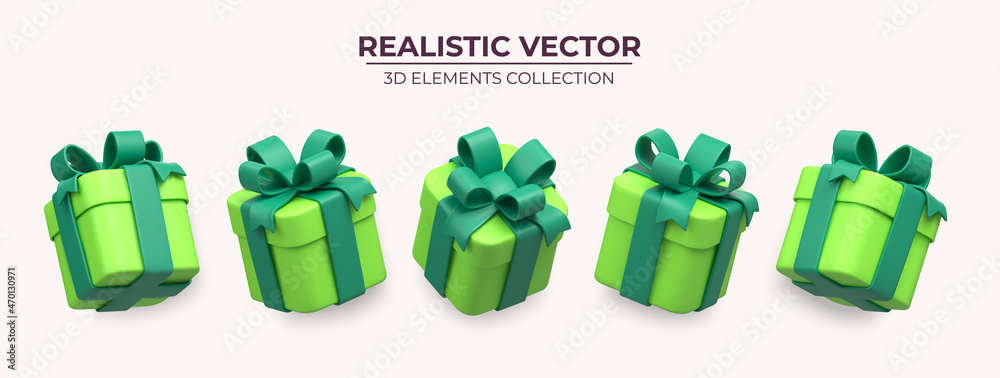 Set of Realistic green gifts boxes isolated on a light background. 3d illustration of five springly green gift boxes with bows and ribbons, Festive decorative 3d render object Realistic vector decor - obrazy, fototapety, plakaty 