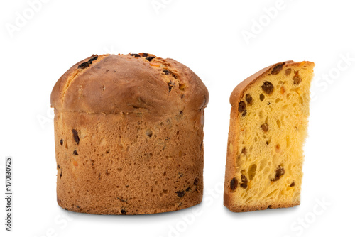 Panettone cake - traditional Italian Christmas cake from Milan , cake with slice isolated on white