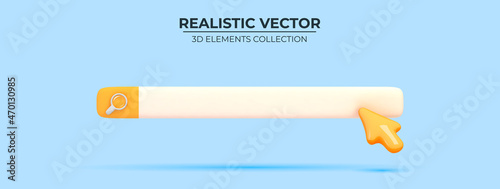 Search bar design element on blue background. Navigation search for browser. Realistic 3d arrow, cursor. Trendy yellow and blue colors. Design in cartoon style. Vector illustration