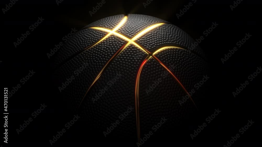 Black basketball ball with golden glowing lines and dimple texture rotating in the dark. Futuristic sports concept. 3d rendering