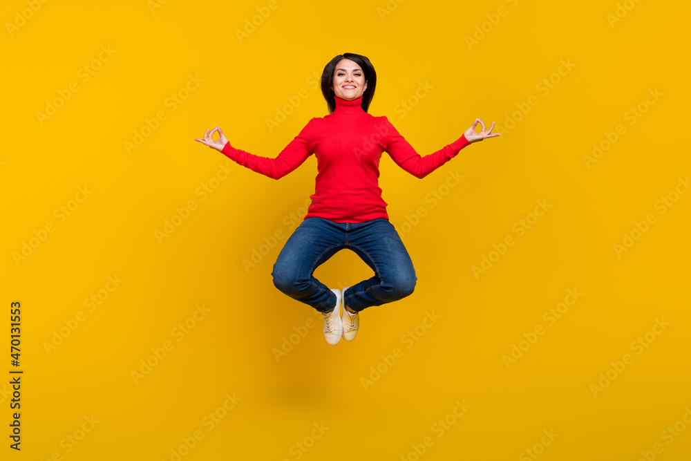 Full body portrait of cheerful carefree lady arms fingers meditate isolated on yellow color background