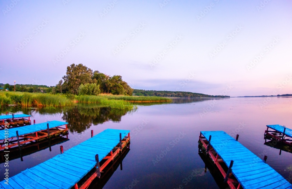 summer river in the morning. Red sunrise over the river . Sunrise in the countryside 