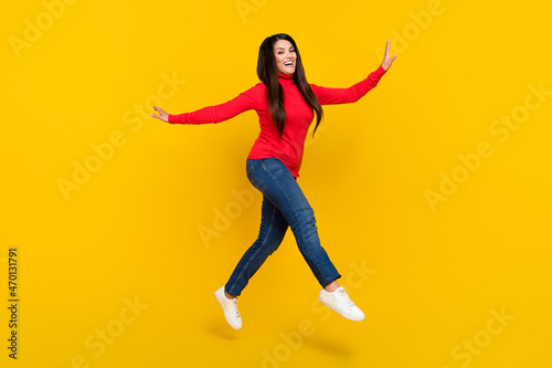 Full size profile photo of excited crazy lady enjoy free time isolated on yellow color background