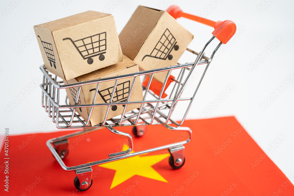 Box with shopping cart logo and Vietnam flag, Import Export Shopping online or eCommerce finance delivery service store product shipping, trade, supplier concept.