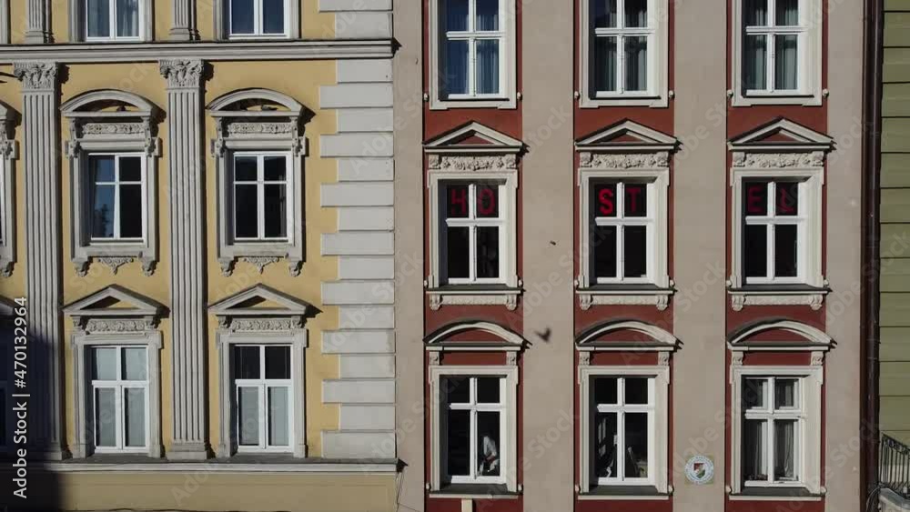 Facade of a European city building. Elements of architecture. Aerial drone view. Facade of a European city building. Elements of architecture. Aerial drone view.