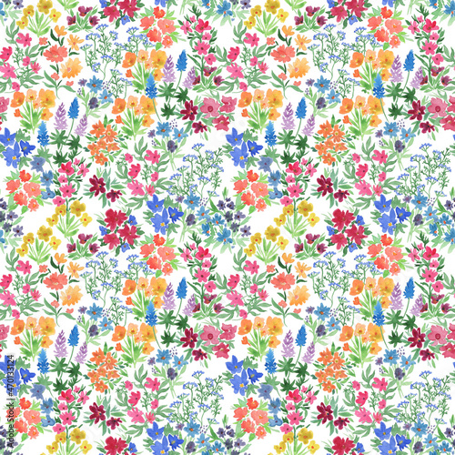 Watercolor painting seamless pattern with beautiful flowers. Retro design summer wallpaper