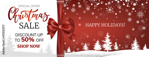 Christmas sale white-red banner. Vector colorful illustration