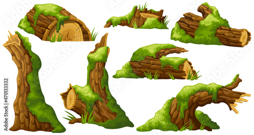 Logs, stumps in moss. Cartoon tree in lichen in swamp jungle. Broken oak in tropical damp forest. Set isolated vector element on white background.