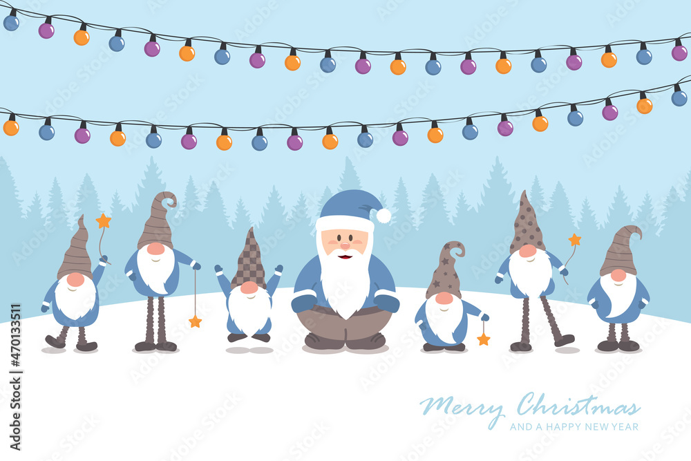 Obraz premium christmas greeting card with cute santa and christmas dwarf