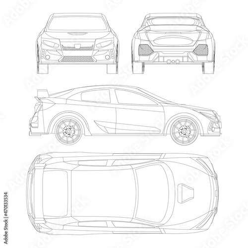 Coupe sport car vector template. Sport car blueprint. Car on white background. Mockup template for branding. Blank vehicle branding mockup.