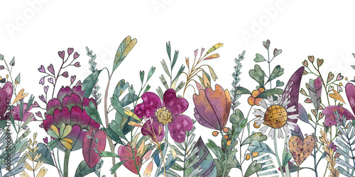 Watercolor border with flowers and plants stylized as grains. Vintage style. For any of your ideas and designs.