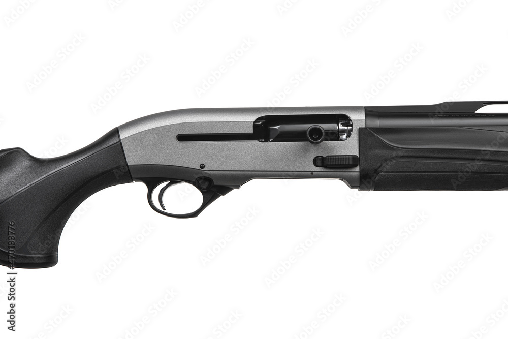 Modern semi-automatic shotgun. Weapons for sports and hunting. Black weapon isolate on white back.