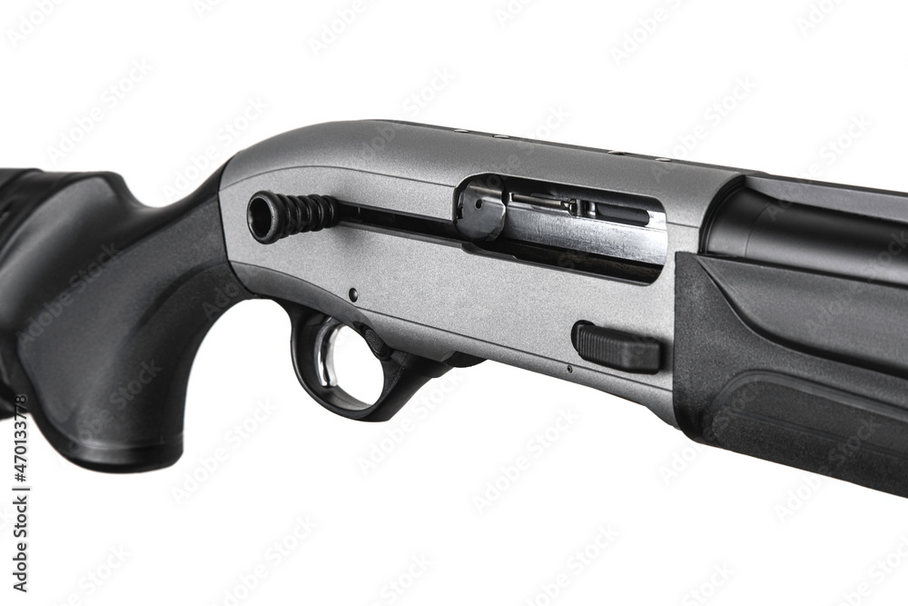 Modern semi-automatic shotgun. Weapons for sports and hunting. Black weapon isolate on white back.