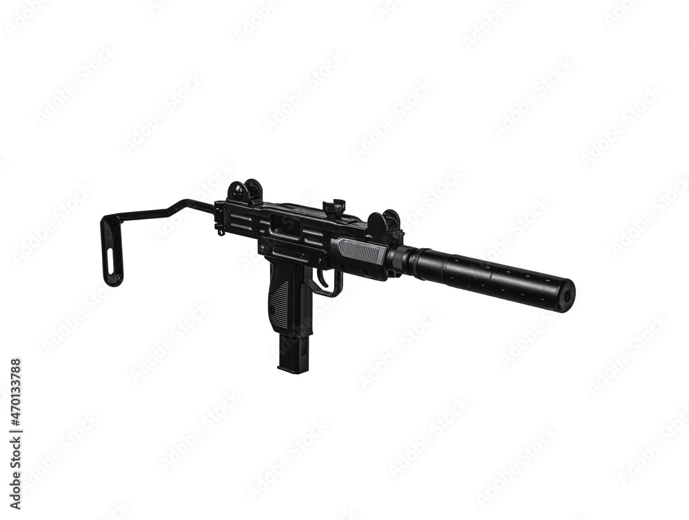 Short-barreled automatic submachine gun. Favorite weapon of criminals. Isolate on a white back Short-barreled automatic submachine gun. Favorite weapon of criminals. Isolate on a white back
