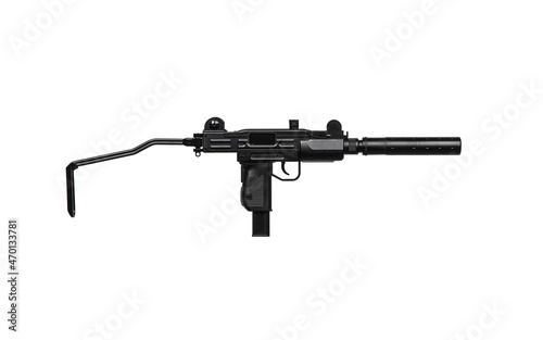 Short-barreled automatic submachine gun. Favorite weapon of criminals. Isolate on a white back