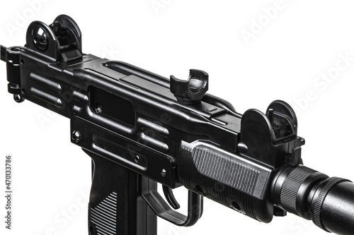 Short-barreled automatic submachine gun. Favorite weapon of criminals. Isolate on a white back
