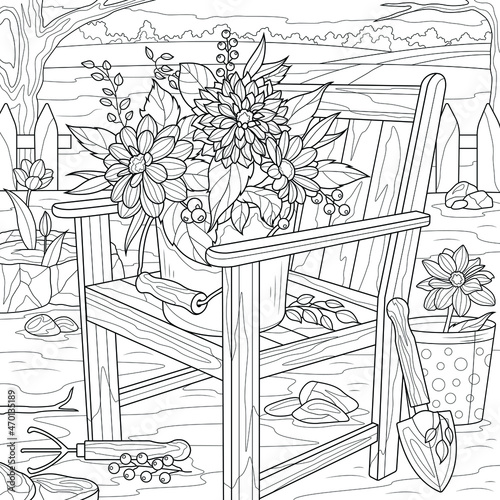 Flowers on a chair in the yard. Gardening.Coloring book antistress for children and adults. Illustration isolated on white background.Zen-tangle style. Hand draw