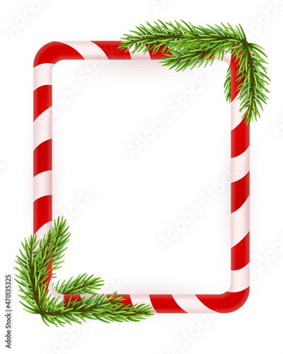 Blank Christmas border, candy cane frame with branch of christmas tree, fir. Isolated on white background. Holiday design, decor. Vector illustration.
