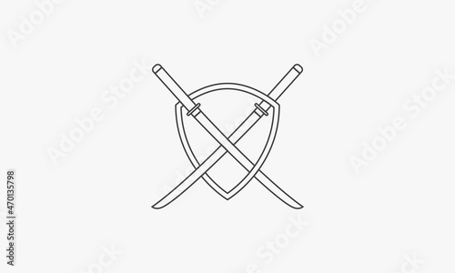 line icon logo shield sword cross isolated on white background.