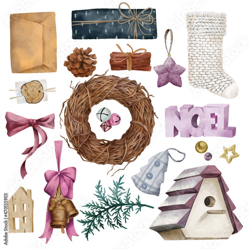 Scandi christmas elements, pink colors. hand drawn vector