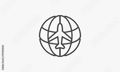 line icon airplane globe isolated on white background.