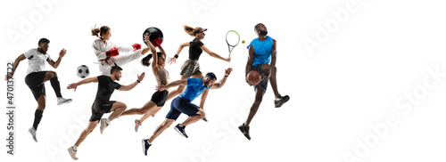 Development of motions of young athletic fit men and women in action isolated over white background. Flyer.