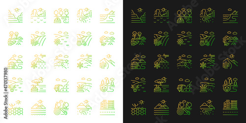 Land types gradient icons set for dark and light mode. Biome and region diversity. Climate zones. Thin line contour symbols bundle. Isolated vector outline illustrations collection on black and white