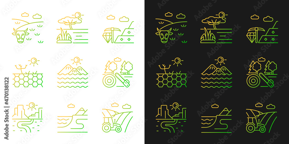 Industrial land gradient icons set for dark and light mode. Mining and timber processing lands. Thin line contour symbols bundle. Isolated vector outline illustrations collection on black and white
