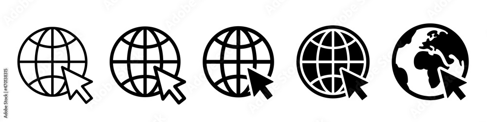 Fototapeta premium Click to go to online website icon. Globe icons with cursor set. Go to website sign. Internet icons collection. Line and flat style symbol - stock vector.