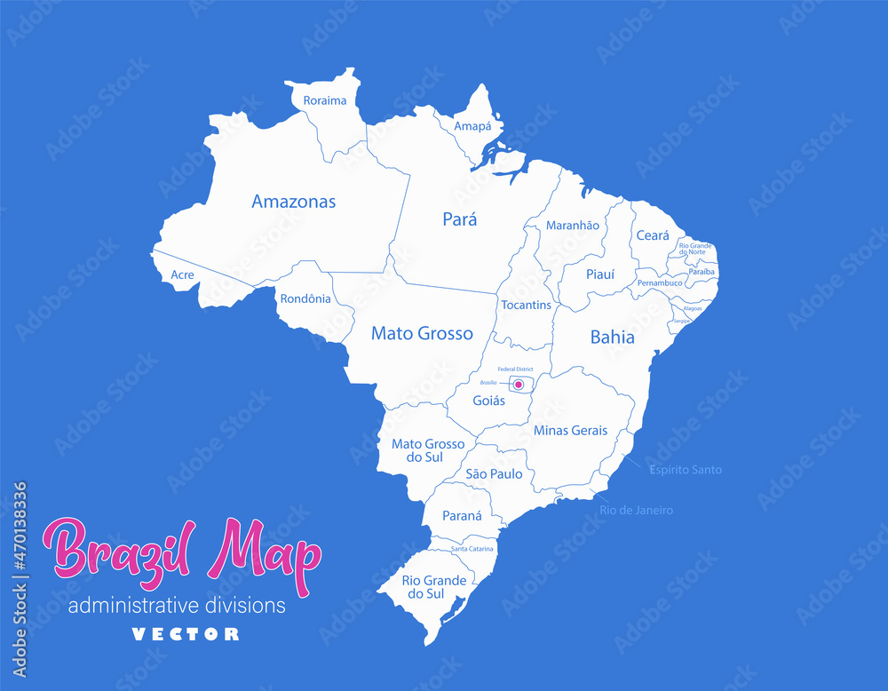 Brazil map, administrative divisions whit names regions, blue background vector Brazil map, administrative divisions whit names regions, blue background vector