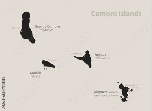 Black map of Comoro Islands with names, design blackboard vector