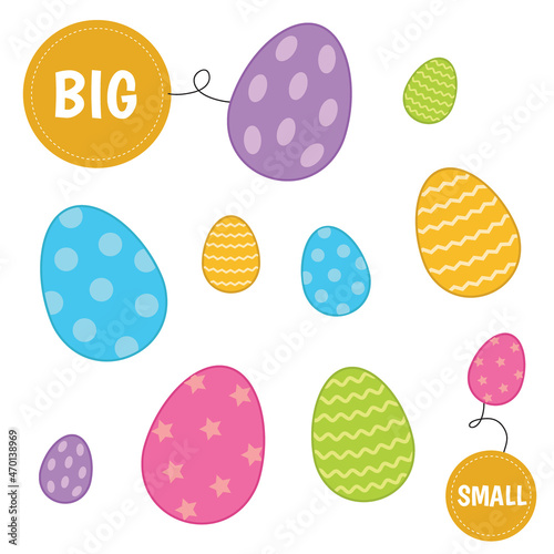 Sorting game big and small eggs. Preschool worksheet activity. Educational game for kids. Vector Illustration