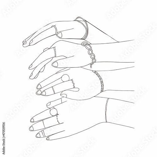 Outline women hands with jewelry. Bracelets and rings on female hands. Gold Jewelry and luxury accessories on white background close up. High Fashion art concept