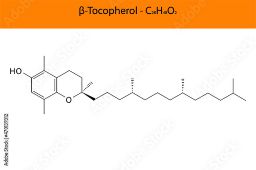 β Beta Tocopherol Skeletal structure and molecular formula. Organic biomolecule, isolated vector illustration