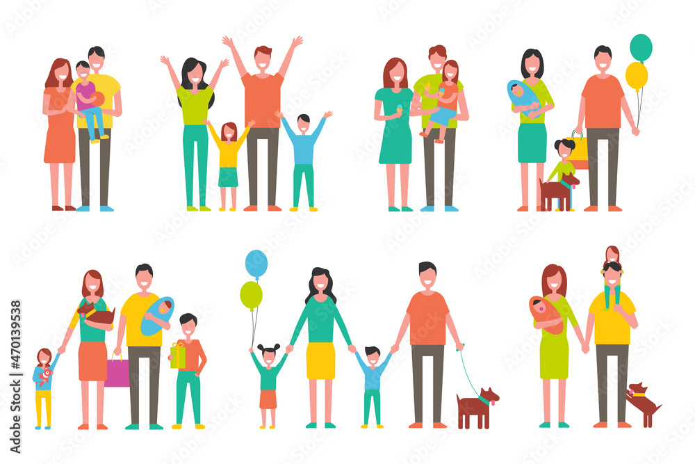 Happy families with children and little dogs set. Cheerful big families with bright balloons in good mood isolated cartoon flat vector illustrations.