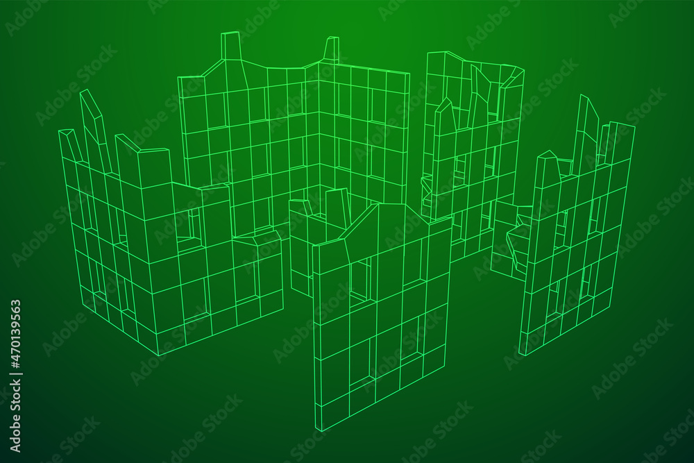 Destroyed building ruin and concrete, war destruction concept. Wireframe low poly mesh vector illustration. Destroyed building ruin and concrete, war destruction concept. Wireframe low poly mesh vector illustration.