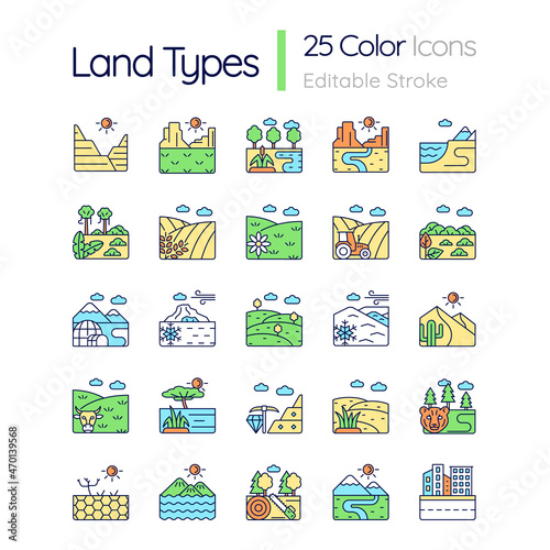 Land types RGB color icons set. Biome diversity. Hot and cold climate zones. Agriculture and industry areas. Isolated vector illustrations. Simple filled line drawings collection. Editable stroke