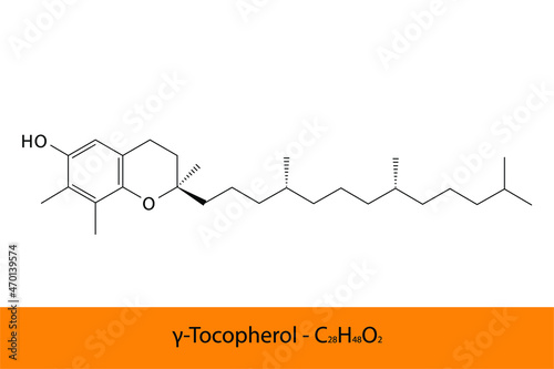 γ Gamma Tocopherol Skeletal structure and molecular formula. Organic biomolecule, isolated vector illustration