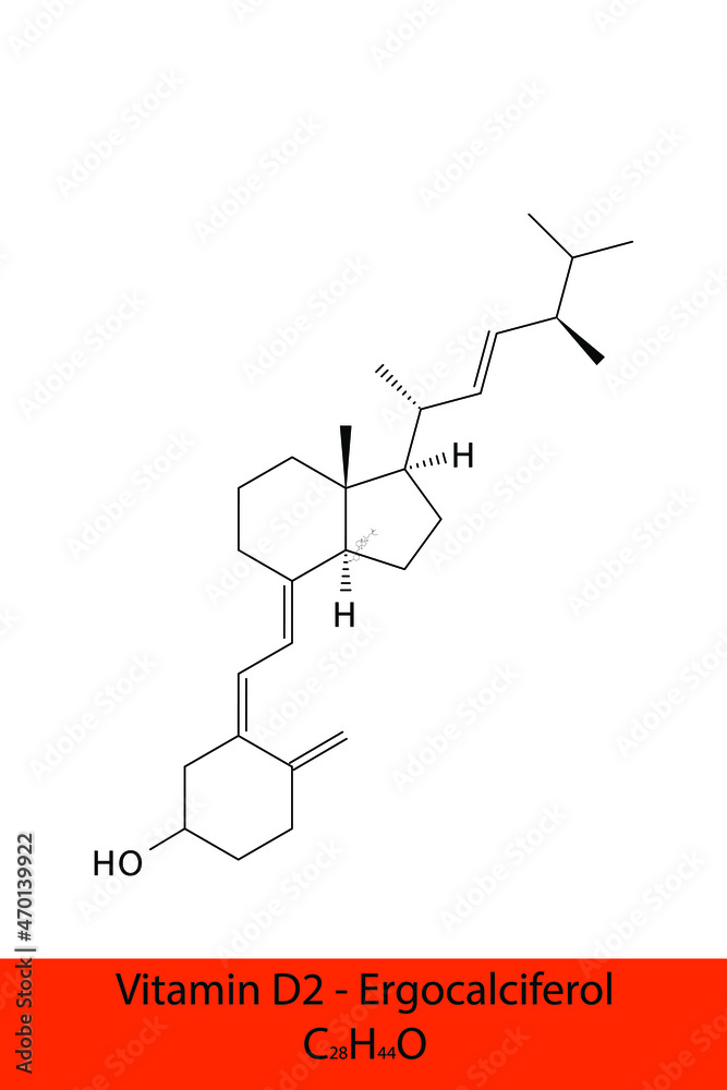 Vitamin D2 Ergocalciferol Skeletal structure and molecular formula