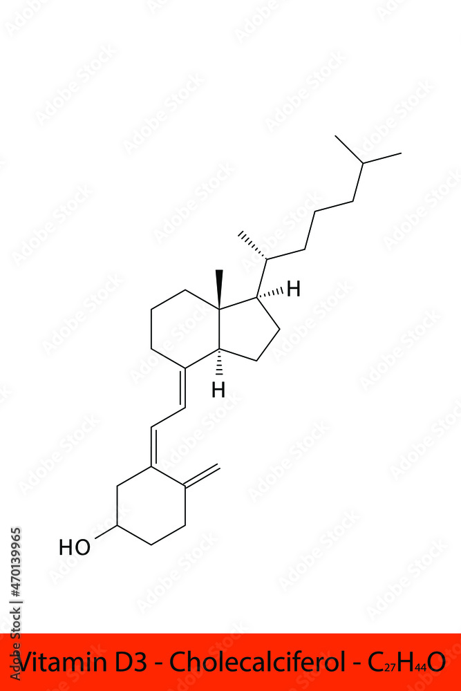 Vitamin D3 Cholecalciferol Skeletal structure and molecular formula. Organic biomolecule, isolated vector illustration Vitamin D3 Cholecalciferol Skeletal structure and molecular formula. Organic biomolecule, isolated vector illustration