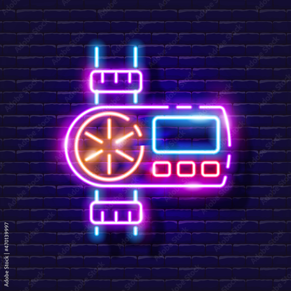 Watering timer automatic neon icon. Irrigation system, watering system, hose and accessories glowing signs. Vector illustration for design, website, advertising, store, goods.