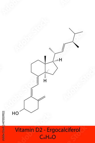 Vitamin D2 Ergocalciferol Skeletal structure and molecular formula. Organic biomolecule, isolated vector illustration