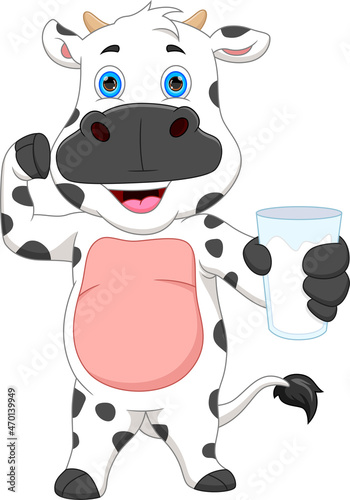 cartoon cute cow holding milk in a glass