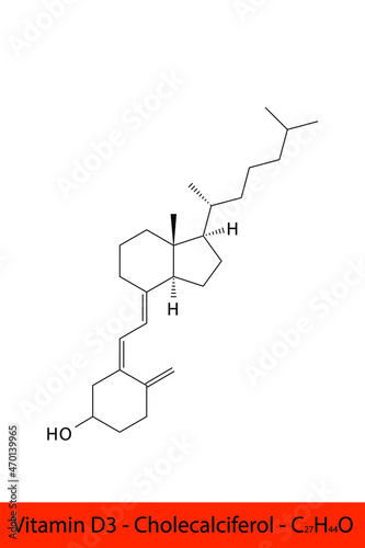 Vitamin D3 Cholecalciferol Skeletal structure and molecular formula. Organic biomolecule, isolated vector illustration