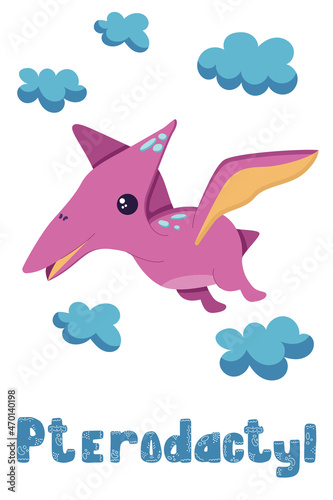 A postcard with a pterodactyl soaring among the clouds, the Mesozoic era of dinosaurs in a flat style, isolated on a white. Vector illustration