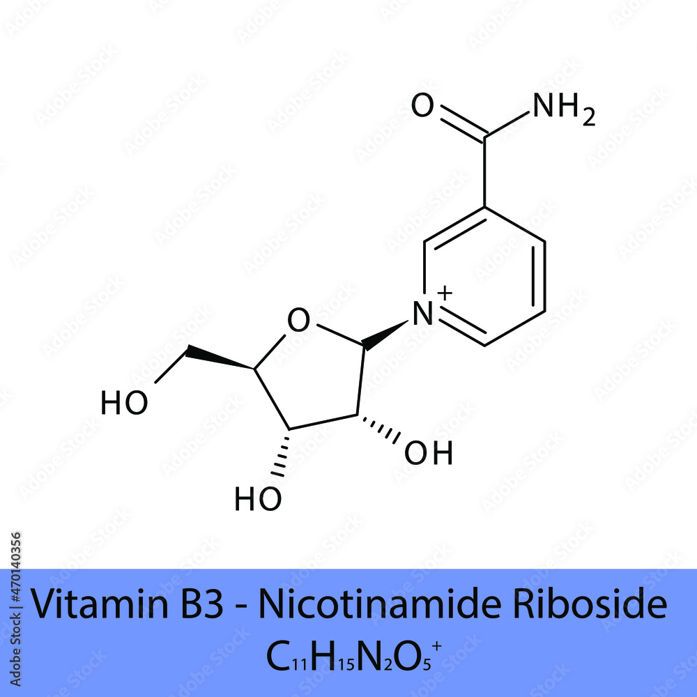Vitamin B3 Nicotinamide riboside Skeletal structure and molecular