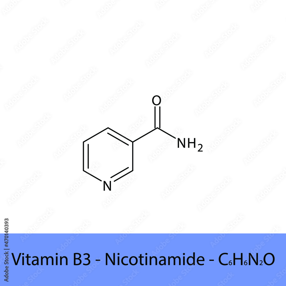 Vitamin B3 Nicotinamide Skeletal structure and molecular formula ...