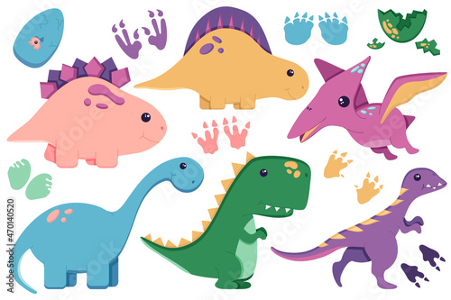 A set of cute dinosaurs for decorating the nursery  Mesozoic era stickers for children  Tyrannosaurus  Pterodactyl  Stegosaurus  Brachiosaurus in a flat style  isolated on a white. Vector illustration
