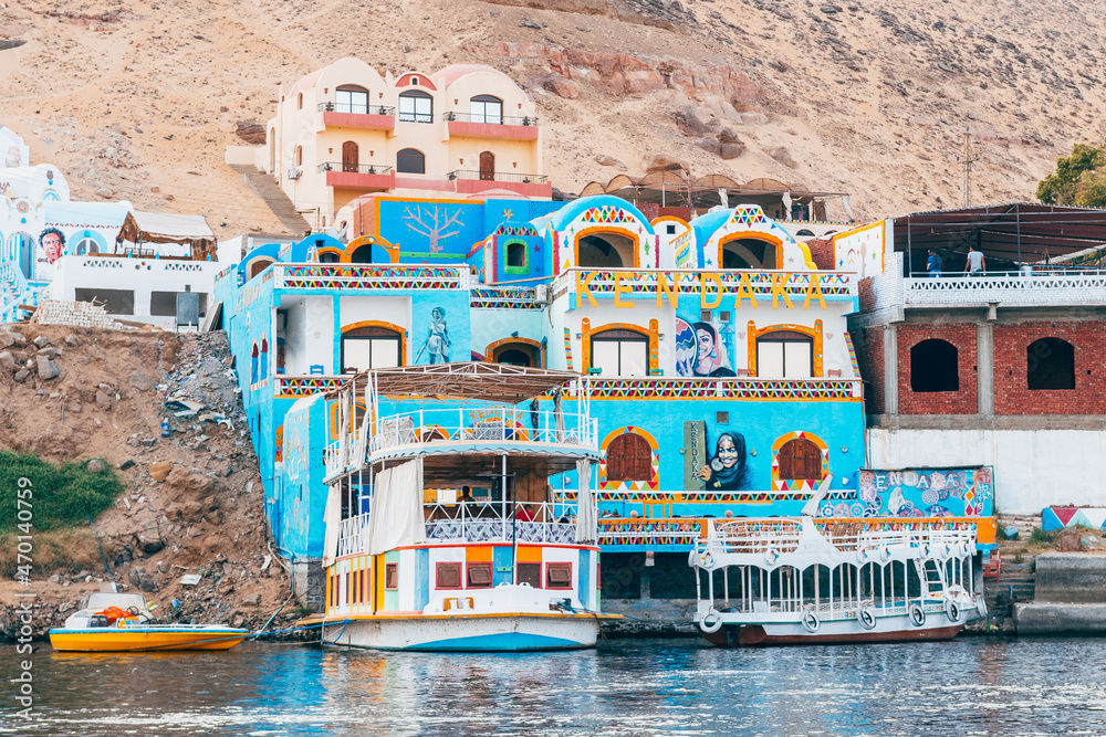 aswan, egypt. 14th october, 2021 colorful houses of nubian village in